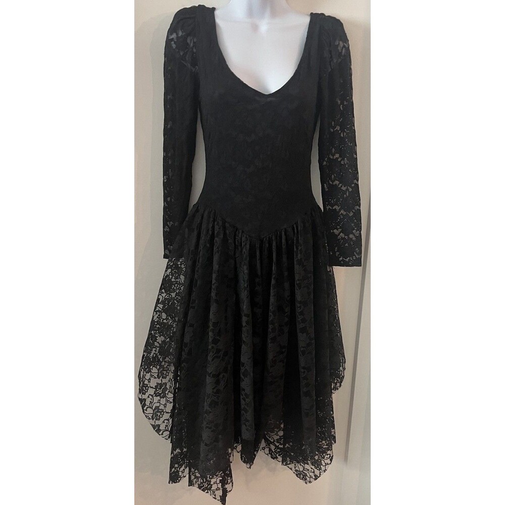 Black Lace Whimsigoth Vampire Core Long Sleeve Drop Waist Handkerchief Dress 7/8